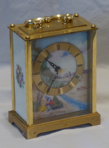 Type: Battery-operated quartz clock; Maker: Aug. Schatz & Söhne; Markings: "One Jewel;" "Newest;" and "West Germany; Era: Likely 1970s–1980s; Style: Decorative carriage/mantel with scenic artwork